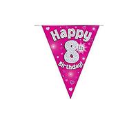 OAKTREE UK 630567 Party Bunting Happy 8th Birthday Pink Holographic 11 Flags 3.9m