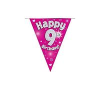 OAKTREE UK 630581 Party Bunting Happy 9th Birthday Pink Holographic 11 Flags 3.9m