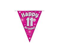 OAKTREE UK 630628 Party Bunting Happy 11th Birthday Pink Holographic 11 Flags 3.9m