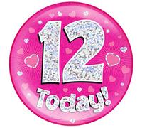 OAKTREE UK 633131 6" Jumbo Badge 12 Today Pink Holographic Dot