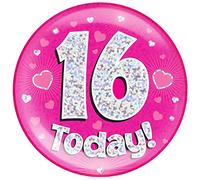 OAKTREE UK 633179 6" Jumbo Badge 16 Today Pink Holographic Dot