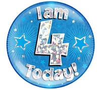 OAKTREE UK 633360 6" Jumbo Badge I am 4 Today Blue Holographic Cracked Ice