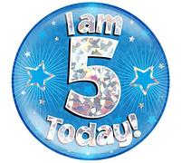 OAKTREE UK 633377 6" Jumbo Badge I am 5 Today Blue Holographic Cracked Ice