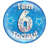 OAKTREE UK 633384 6" Jumbo Badge I am 6 Today Blue Holographic Cracked Ice