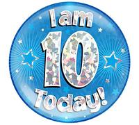 OAKTREE UK 633421 6" Jumbo Badge I am 10 Today Blue Holographic Cracked Ice