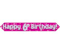 9ft Pink & Silver Hearts Holographic Happy 6th Birthday Banner (2.7m length)