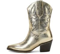 OAKUMSAS Women cowboy ankle boots with classic embroidered pointy toe chunky heels pulled up women's fashion cowboy boots, Gold, 5 UK