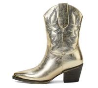OAKUMSAS Women cowboy ankle boots with classic embroidered pointy toe chunky heels pulled up women's fashion cowboy boots, Gold, 6 UK