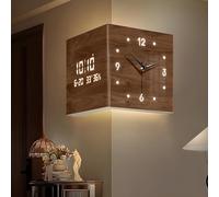 OAKVYNE Acrylic Corner Wall Clock with Silent Movement,Modern Digital Double Sided Clock,Plug-in Power Supply Decorative Wall Art for Living Room Kitchen Decor Square Design(Brown)