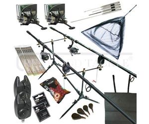 Oakwood Carp fishing Set Up Complete With 3PC Rods Reels Alarms Battery Net Bait Tackle