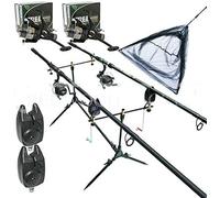 OAKWOOD Complete Carp Fishing Rod Pod with 2 x 12ft Rods, 2 x 3BB Bait Runner Reels with line, 2 x Bite Alarms and 42" Net and Handle