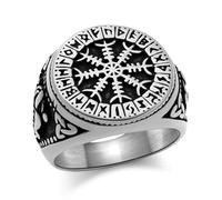 Oaldilee Nordic Battle Axe Ring Viking Vegvisir Pirate Compass Rings Stainless Steel/18K Gold Plated/Black Norse Symbol Vintage Jewelry for Men Women Send Gift Box, 14, Metal, No Gemstone