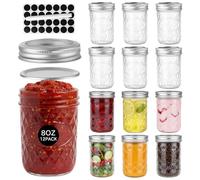 OAMCEG 12 Pack 250ml Mason Jars with Lids - Airtight Regular Mouth Glass Jars with Silver Metal Lid, Includes Round Sticker Labels and Marker Pen for Pickling, Jam, Honey, Overnight Oats, Food Storage