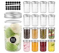 OAMCEG 16 Pack 250ML/8OZ Mason Jars with Lids - Airtight Regular Mouth Glass Jars with Silver Metal Lid, Includes Round Sticker Labels and Marker Pen for Pickling, Jam, Honey, Food Storage