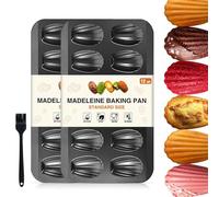 OAMCEG 2 Pack Madeleine Pan with Silicone Brush 12 Cup Heavy Duty Shell Shape Madeline Tray, Nonstick Carbon Steel Cookie Cake Scone Pan Baking Mold for Oven Baking - (Gray)