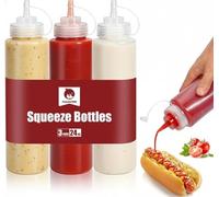 OAMCEG 3 Pack Ketchup Squeeze Bottles - 24 OZ Plastic Condiment Squeeze Squirt Bottles and Caps with Discrete Measurements, for Ketchup, BBQ, Sauces, Syrup, Condiments, Dressings, Paint, BPA Free