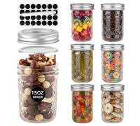 OAMCEG 6 Pack 450ml Mason Jars with Lids - Airtight Regular Mouth Glass Jars with Silver Metal Lid, Includes Round Sticker Labels and Marker Pen for Pickling, Jam, Honey, Food Storage