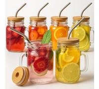 OAMCEG 6 Pack Mason Jar Glasses with Handle - Reusable 16oz Drinking Cups with Lid and Straw for Iced Coffee, Juice, Smoothies - Vintage Glass Tumbler Mugs - Perfect for Home, Picnic, Gifts