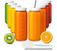 OAMCEG 8 Pack Glass Juice Bottles 16 oz - Reusable, with perforated lid, wide mouth design, includes straight and curved straws and brush, suitable for smoothies, milk, coffee, family picnics