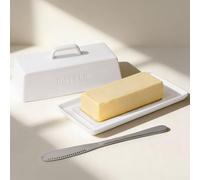 OAMCEG Butter Dish with Lid,Porcelain Butter Keeper with Handle Cover French Butter Dish Ceramic Butter Holder Container for Countertop, Beige