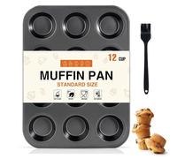 OAMCEG12 Cup Nonstick Muffin Tray Set of 1 - Carbon Steel Baking Tin with Silicone Brush - Non Stick Oven Tray for Cupcake Moulds, Pudding, Yorkshire, Mini Cake, Family Baking, Kids, Gifting