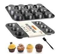 OAMCEG12 Cup Nonstick Muffin Tray Set of 2 - Carbon Steel Baking Tin with Silicone Brush - Non Stick Oven Tray for Cupcake Moulds, Pudding, Yorkshire, Mini Cake, Family Baking, Kids, Gifting