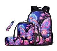 Oamsistay Kids Backpack Set of 4 with Lunch Box Pencil Case and Keychain School Backpack Large Capacity Waterproof Bookbag, Pink Butterfly, One Size, Rucksack Backpacks