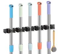 Oamwrae 5 Slot Broom Holder Wall Mounted with 2 Hooks, Stainless Steel Mop Holder, Heavy Duty Brush Holder for Bathroom, Kitchen, Closet, Garden Garage Tool Storage, Black