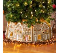 Oanmarg Christmas Tree Skirt, 26 inches, Red, Cotton, Gingerbread House Pattern, LED Light String, Christmas Tree Decoration