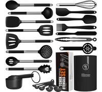 oannao Large Silicone Cooking Utensils Set - Heat Resistant Kitchen Utensils Sets,Spatula,Spoon,Turner Tongs,Whisk,Stainless Steel Cooking Utensil for Nonstick Cookware Dishwasher Safe (Black)