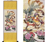 OAOAO Chinese Scroll Painting Wall Art, Dragon Phoenix Feng Shui Decor, Asian Hanging Scroll For Bedroom, Living Room, Office(70x155cm)