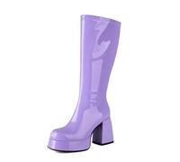 OAOKUSI Women's Gogo Boots Knee High Platform Chunky Heel Square Toe Patent Leather 70s Disco Costume Boots for Party Halloween Cosplay, Purple, 2 UK