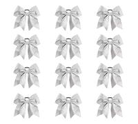 Oaoleer 12 Pieces 7 Inch Glitter Hair Bows Ponytail Holder Elastic Band Handmade for Cheerleading Teen Girls College Sports Glitter Silver