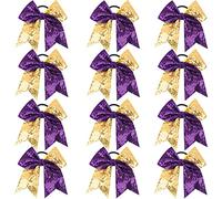 Oaoleer 12PCS 7" Sequin Glitter Cheer Bows - Large Sparkly Cheer Hair Bows for Girls - Competition Cheerleader Bows - Ponytail Holder with Elastic Band Hair Tie for Cheerleading Team Sports, Purple