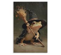 OAOPIC Halloween Witchy Canvas Wall Art, Vintage Toad In Witch Hat with Broomstick Poster, Whimsical Gothic Dark Academia Wall Decor, Goth Spooky Halloween Frog Picture Painting 8x12in Unframed