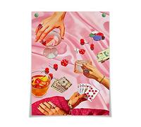 OAOPIC Vintage Pink Poker Playing Cards Posters for Room Decor Aesthetic Retro Funny Casino Gambling Dice Chips Canvas Wall Art Cool Funky Cocktail Alcohol Drinks Prints Paintings 16x24in Unframed
