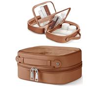 Oaque Clear Cosmetic Bag Double Layer Travel Toiletry Bag Clear Makeup Bag Case with 4 Compartments, Transparent Travel Bag for Toiletries, Large Toiletry Bag for Women Cosmetic Case, Brown, S, 2