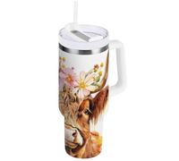 Oarencol 30 oz Tumbler with Lid and Straw Cute Highland Cow Flowers Water Bottle Insulated Cup with Handle, Stainless Steel Water Cup Fits in Car Cup Holder
