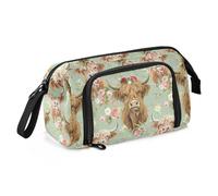 Oarencol Large Pencil Case Highland Cow and Floral Big Capacity Pencil Pouch Organizer with Zipper Pen Bag for School Office Supplies