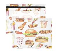 Oarencol Pencil Pouch for 3 Ring Binder Hamburgers Drinks Fries 2 Pack Large Pencil Case Pouch with Zipper & Grommets, Clear Binder Bag, School Office Supplies