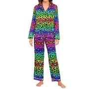 Oarencol Womens Colorful Leopard Abstract Animal Skin Silk Pajama Sets Long Sleeve Button Down Sleepwear Nightwear M Multi