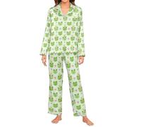 Oarencol Womens Cute Frogs Crowns Animal Heart Dots Green Silk Pajama Sets Long Sleeve Button Down Sleepwear Nightwear M