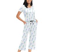 Oarencol Women's Pajamas Set Blue Green Jellyfish Short Sleeve Top and Capri Pants Sleepwear With Pockets S-XXL