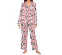 Oarencol Womens Whippet Breed Dog Heart Silk Pajama Sets Long Sleeve Button Down Sleepwear Nightwear M Multi