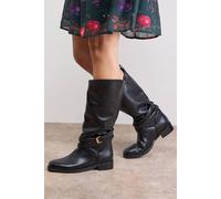 Oasis Ava Faux Leather Grain Mid-Calf Buckle Boots In Black black