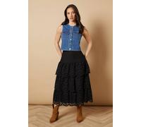 Oasis Broderie Tiered Midi Skirt In Black black 8