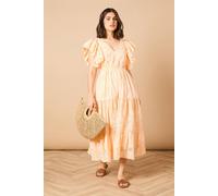 Oasis Broderie V Neck Angel Sleeve Maxi Dress In Apricot apricot