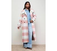 Oasis Brushed Check Funnel Neck Coat In Pink pink