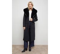 Oasis Buckle Detail Faux Fur Collar Belted Coat In Black black 8