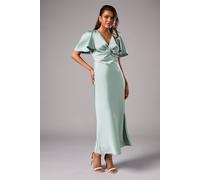 Petite Satin Twist Angel Sleeve Midi Bridesmaid Dress Oasis Sage 18